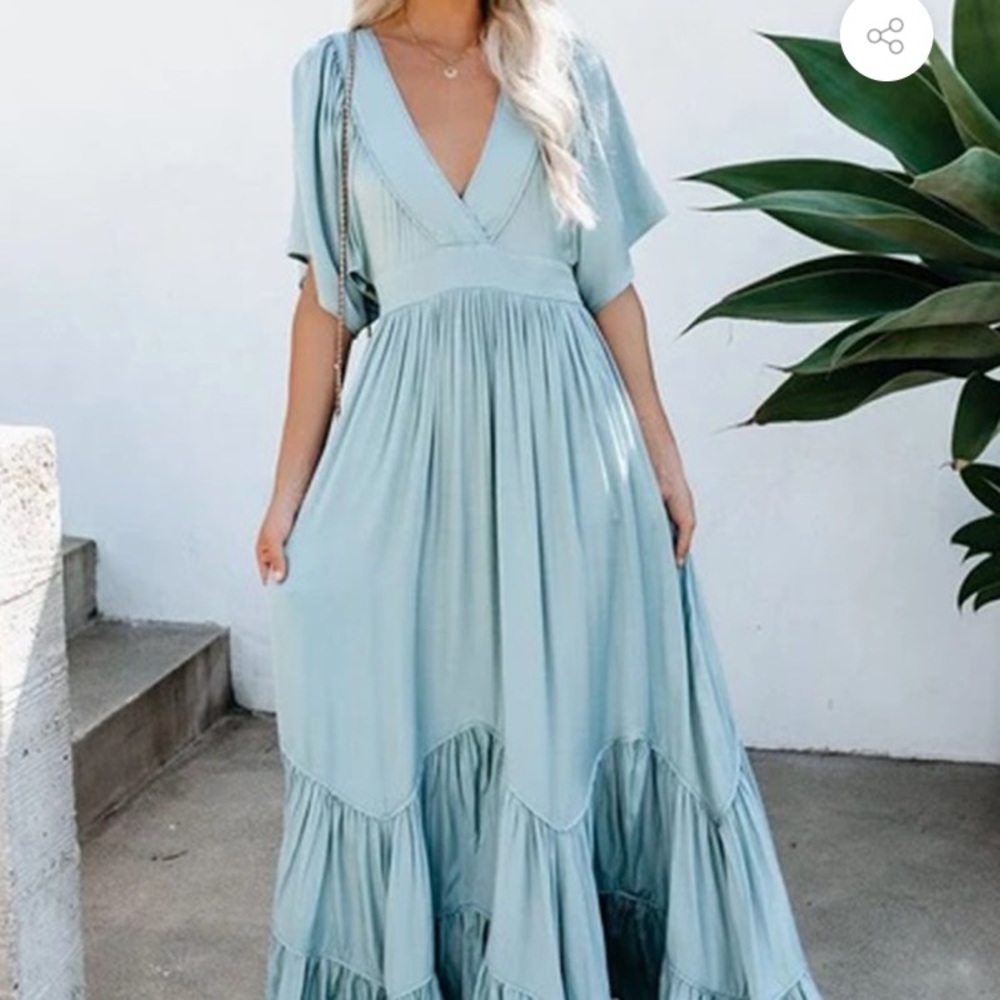 ISO Vici Seafoam pocketed tiered dress